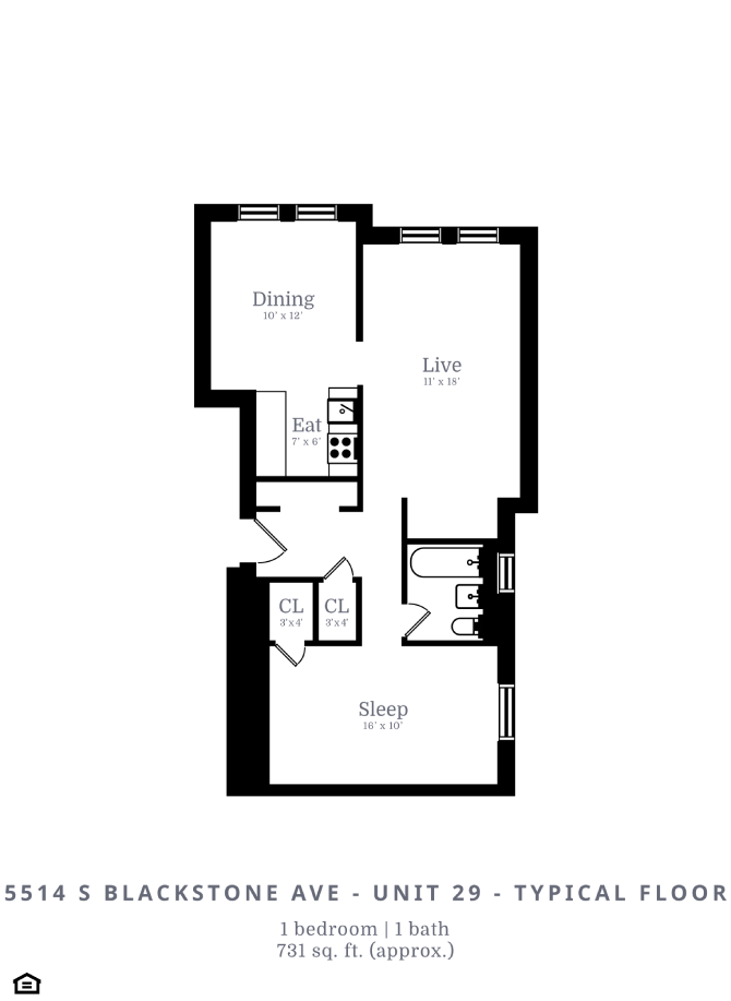 Floor plan for 1 bed, 1 bath, 731 sqft